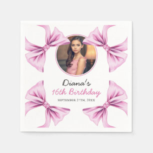 Elegant Rosa Bow Coquette Photo Sweet 16 Birthday Pappersservett