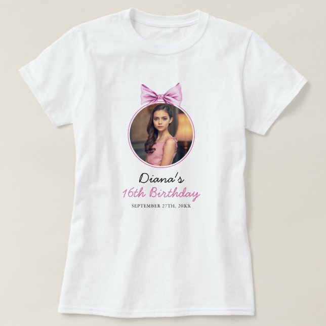 Elegant Rosa Bow Coquette Photo Sweet 16 Birthday T Shirt (Design framsida)