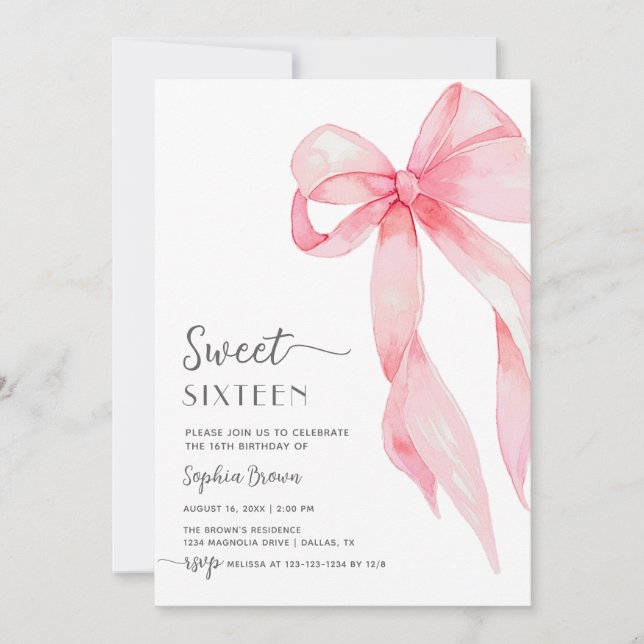 Elegant Rosa Bow Coquette Sweet sixteen Birthday Inbjudningar (Framsida)