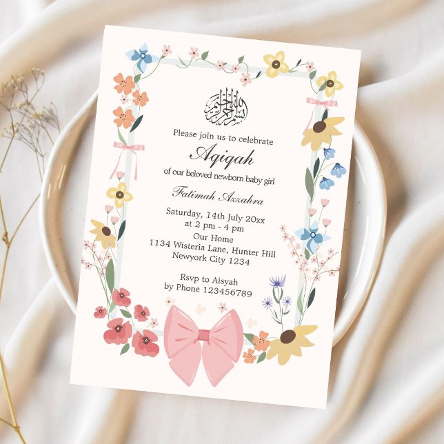Elegant Rosa Bow & Flowers Aqiqah Muslim Inbjudningar (Skapare uppladdad)