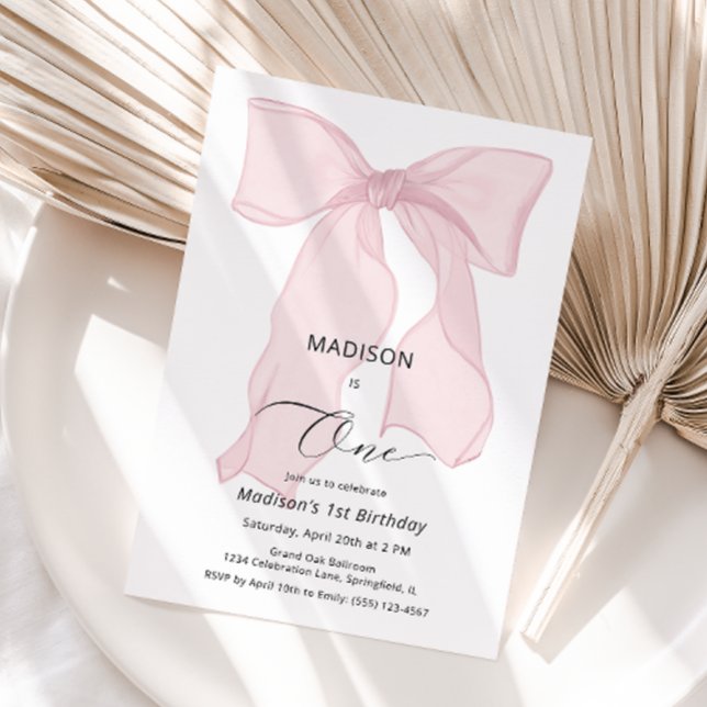 Elegant Rosa Bow första födelsedag Inbjudningar (Skapare uppladdad)