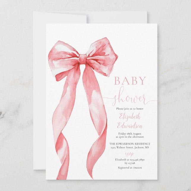 Elegant Rosa Bow Girl Baby Shower Inbjudningar (Framsida)