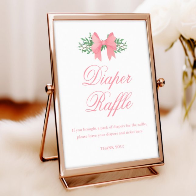 Elegant Rosa Bow Girl Baby Shower Raffle Poster (Elegant Pink Bow with Greenery Baby Shower Diaper Raffle Poster.)