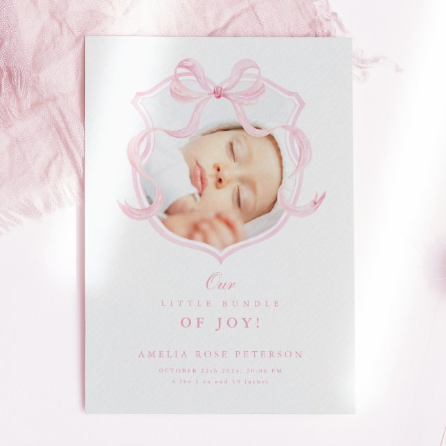 Elegant Rosa Bow Girl Birth Notice Meddelande (Skapare uppladdad)