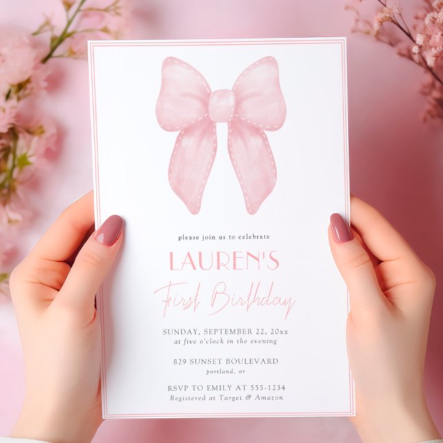 Elegant Rosa Bow Girl First Birthday Inbjudningar (Skapare uppladdad)