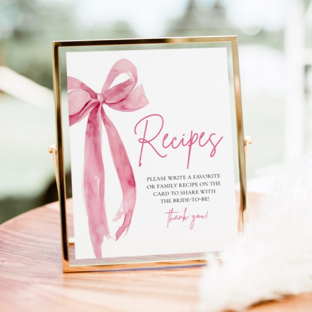 Elegant Rosa Bow Hon Gifter sig Recept Sign Poster (Elegant Pink Bow She's Tying the Knot Recipes Sign)