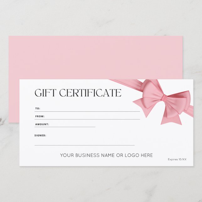 Elegant Rosa Bow Logotyp Gift Certificate (Fram/baksida)