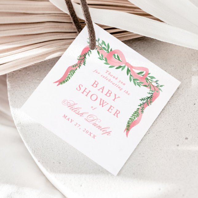 Elegant Rosa Bow med Greenery Boy Shower Gåvor Etiketter (Elegant pink bow greenery baby shower thank you favor tags.)