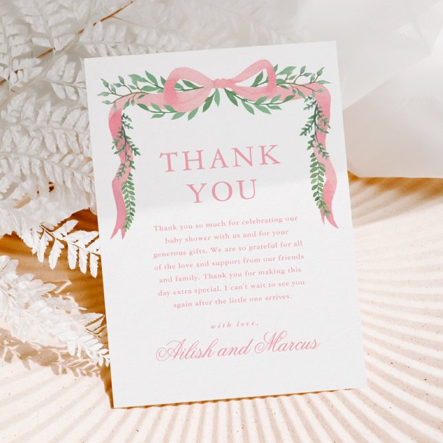 Elegant Rosa Bow med Greenery Boy Shower Tack Kort (Elegant pink bow greenery baby shower thank you cards.)
