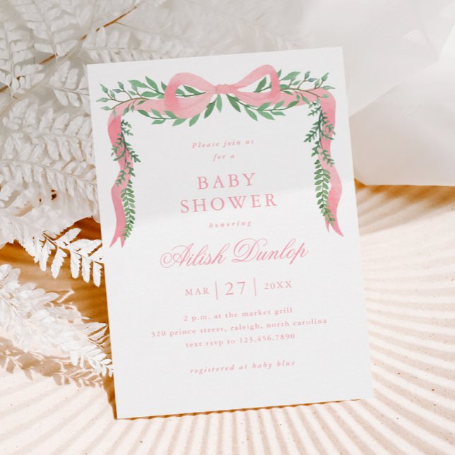 Elegant Rosa Bow med Greenery Girl Baby Shower Magnetisk Inbjudningskort (Elegant Pink Bow Greenery Girl Baby Shower Magnetic Invitation.)
