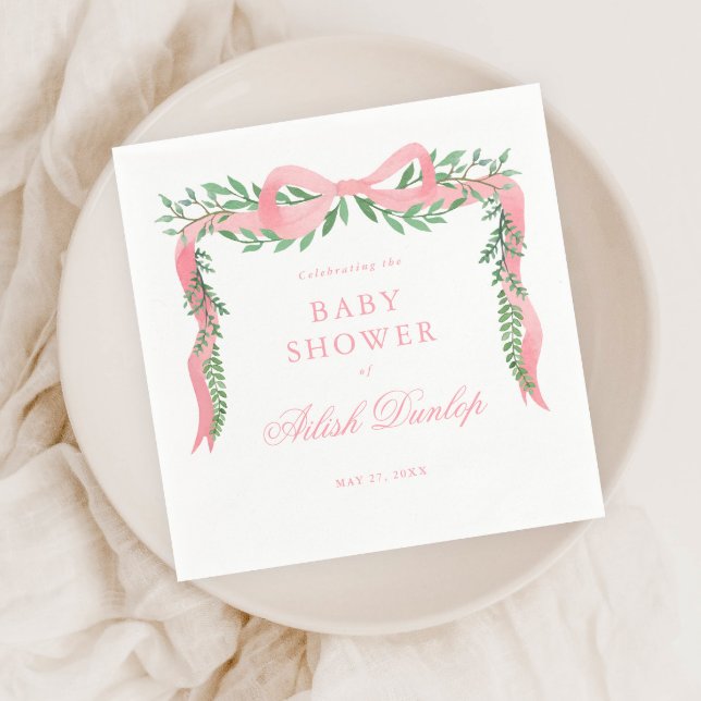 Elegant Rosa Bow med Greenery Girl Baby Shower Pappersservett (Elegant pink bow greenery baby shower napkin.
)