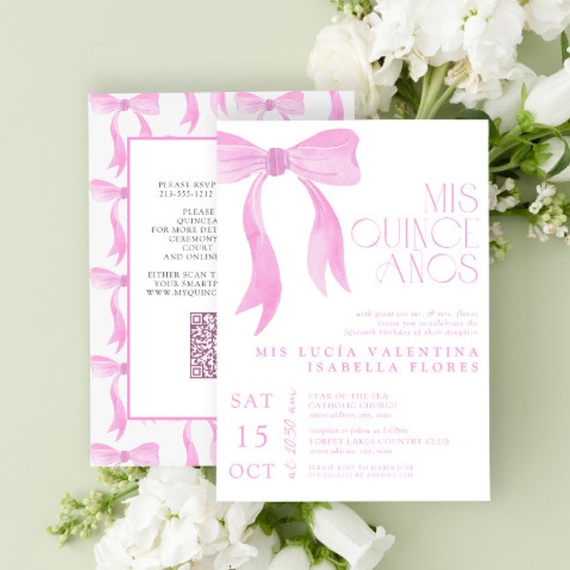 Elegant Rosa Bow Mis Quince Años QR Quinceañera Inbjudningar (Skapare uppladdad)