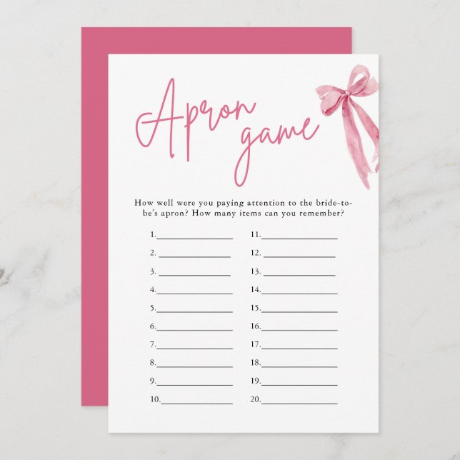 Elegant  Rosa Bow Möhippa Apron Game Inbjudningar (Fram/baksida)