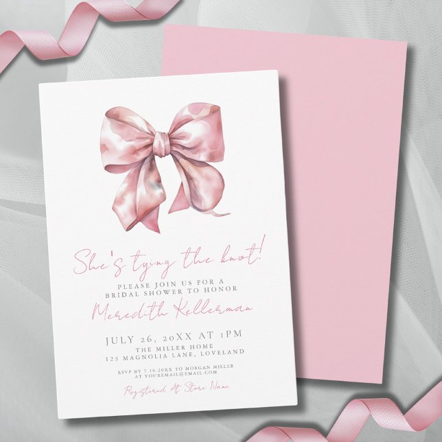 Elegant  Rosa Bow-Möhippa Inbjudningar (Watercolor Blush Pink Bow Bridal Shower Invitation)