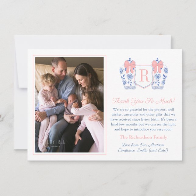 Elegant Rosa Bow Monogram Flicka Bild Tack Kort (Framsida)