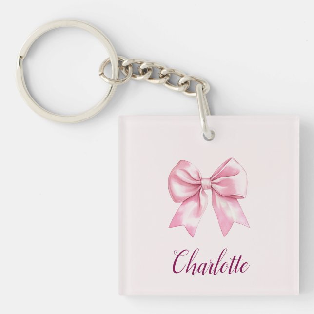 Elegant Rosa Bow & Namn | Nyckelkedja för personli (Framsidan)