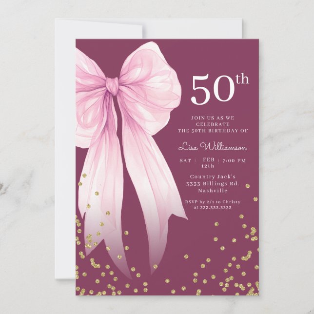Elegant Rosa Bow och Guld 50:e Födelsedagsfesten Inbjudningar (Framsida)