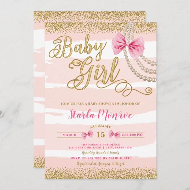 Elegant  Rosa Bow Pearl Girly Baby Shower Inbjudningar (Fram/baksida)