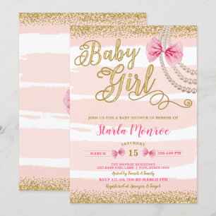 Elegant Rosa Bow Pearl Girly Baby Shower Inbjudningar