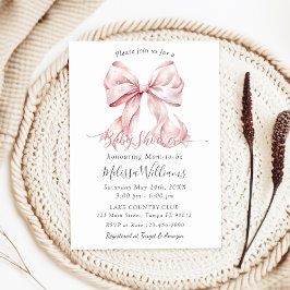 Elegant Rosa Bow Pearls Baby Shower Girl Inbjudningar