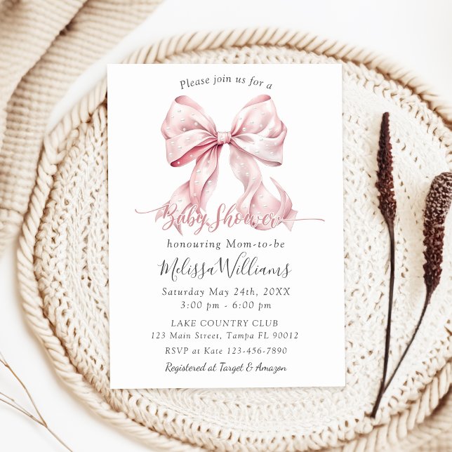 Elegant Rosa Bow Pearls Baby Shower Girl Inbjudningar (Skapare uppladdad)