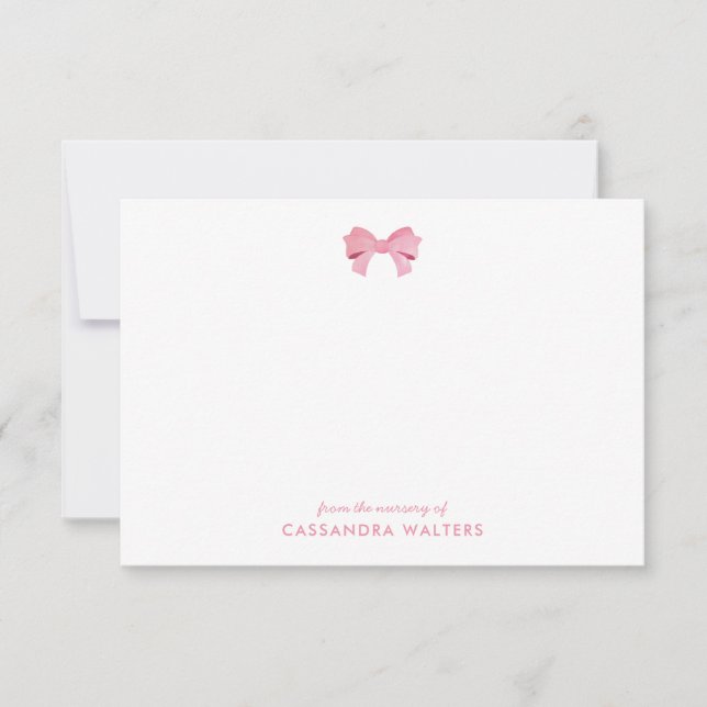 Elegant Rosa Bow Personlig Nursery Note Card Tack Kort (Framsida)