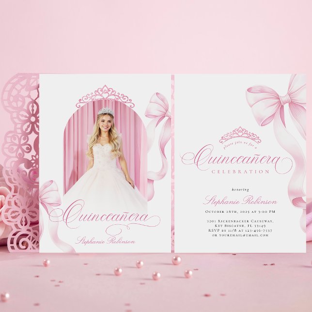 Elegant Rosa Bow Photo Quinceañera-inbjudan Inbjudningar (Skapare uppladdad)