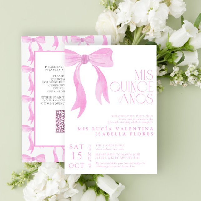 Elegant Rosa Bow QR Mis Quince Años Quinceañera Inbjudningar (Skapare uppladdad)