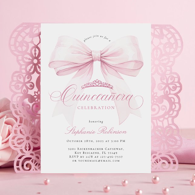 Elegant Rosa Bow Quinceañera-inbjudan Inbjudningar (Skapare uppladdad)