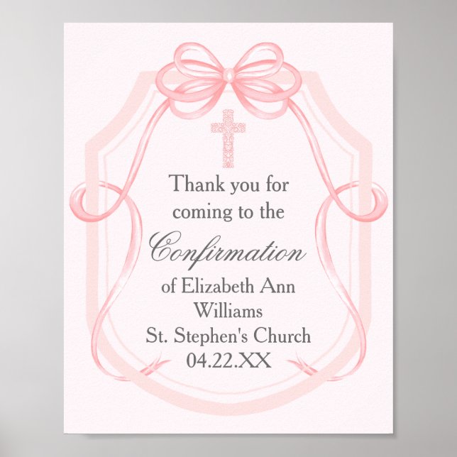 Elegant Rosa Bow Ribbon Girl's Confirmation Party Poster (Framsidan)