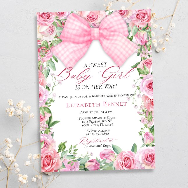 Elegant Rosa Bow & Ro Coquette Girl Baby Shower Inbjudningar (Skapare uppladdad)