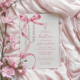 Elegant Rosa Bow & Rosary Baptism Inbjudningar