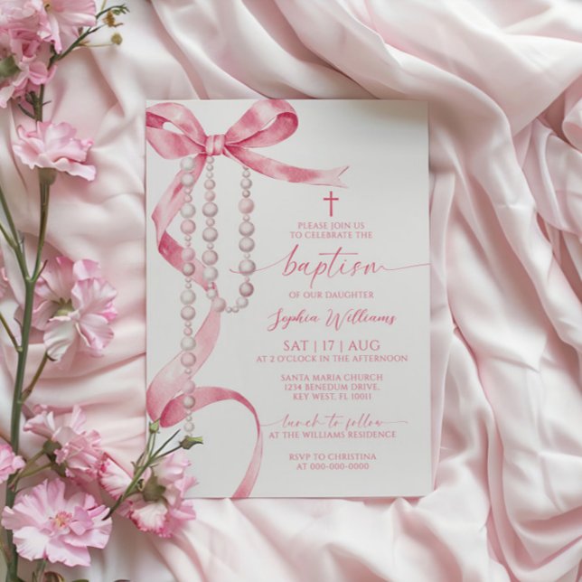 Elegant Rosa Bow & Rosary Baptism Inbjudningar (Skapare uppladdad)