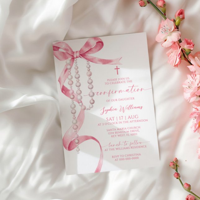 Elegant Rosa Bow & Rosary Bekräftelse Inbjudningar (Skapare uppladdad)