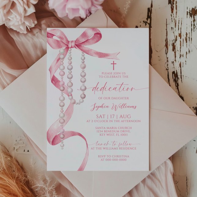 Elegant Rosa Bow & Rosary Dedication Inbjudningar (Skapare uppladdad)