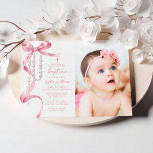 Elegant Rosa Bow & Rosary Photo Baptism Inbjudningar