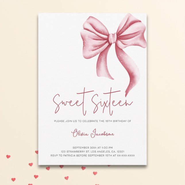 Elegant Rosa Bow Sweet sixteen Födelsedagsfest Inbjudningar (Skapare uppladdad)