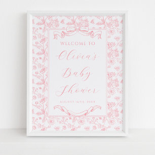 Elegant Rosa Bow Vintage Blommigt Girl Baby Shower Poster
