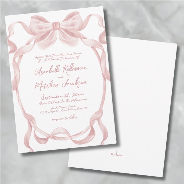 Elegant  Rosa Bow Whimsical Bröllop Inbjudningar (Elegant Blush Pink Bow Whimsical Wedding Invitation)