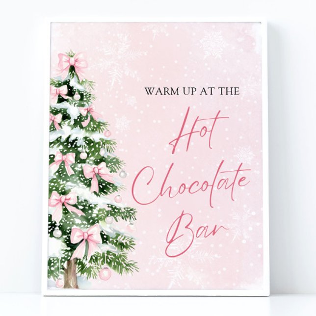 Elegant Rosa Bows Julgran Hett Chocolate Pub Poster (Watercolor Pink Bows Christmas Tree Hot Cocoa Bar Sign)