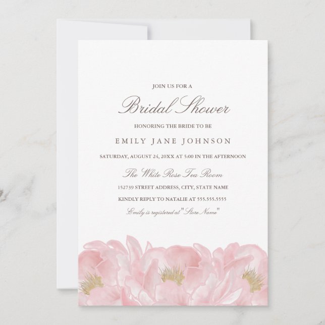 Elegant rosa bröllopsdusch-inbjudan med peon inbjudningar (Framsida)