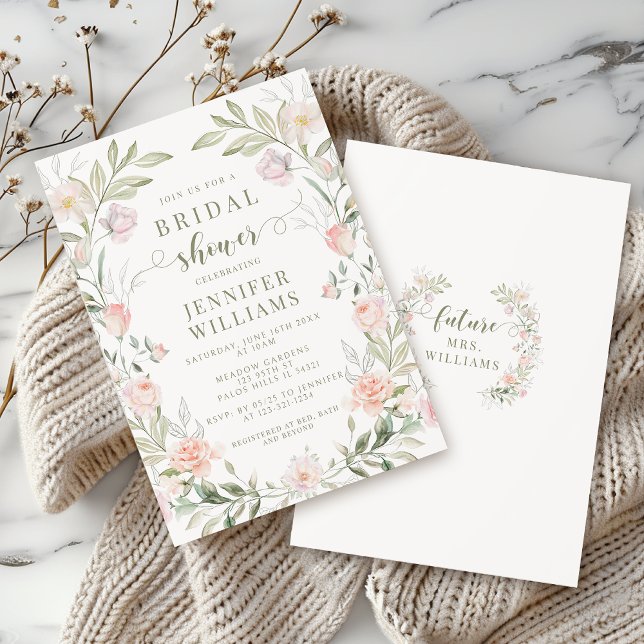 Elegant Rosa Bröllopsdusch med Blommor Inbjudningar (Skapare uppladdad)