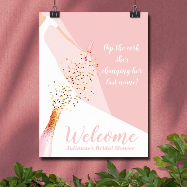 Elegant Rosa Bröllopsfest Welcome Poster (Blush pink bridal shower Welcome poster, PRINTED and/or INSTANT DOWNLOAD, features bride in her gown)