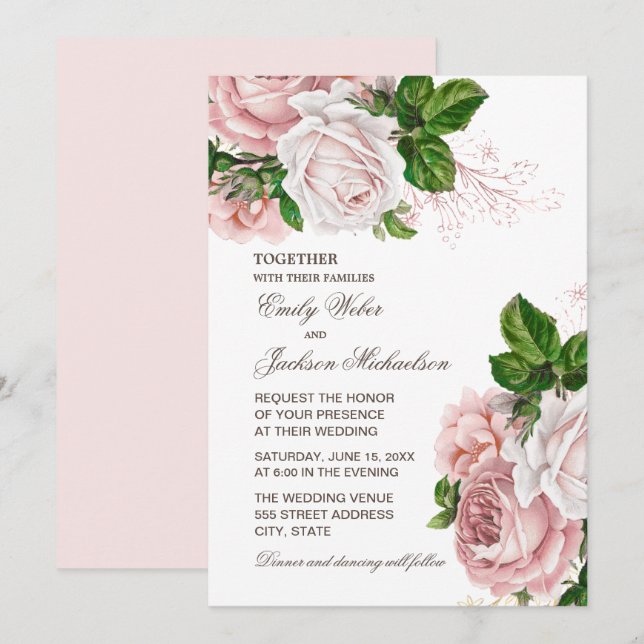 Elegant Rosa Bröllopsinbjudan med Blommotiv Inbjudningar (Fram/baksida)