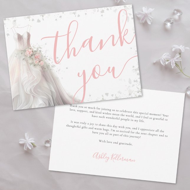 Elegant Rosa Bröllopsklänning Bröllopsdusch Tack Kort (Elegant Pink Wedding Dress Bridal Shower Thank You Card)