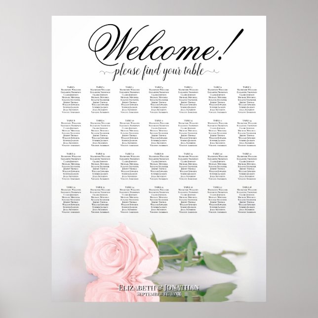 Elegant Rosa Bröllopsplatskarta för 28 Bord Poster (Framsidan)