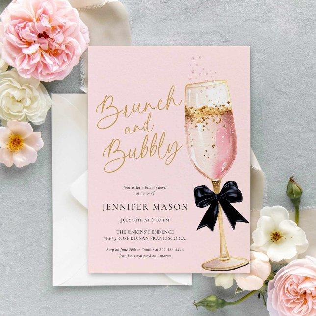 Elegant Rosa Brunch och Bubly Möhippa Inbjudningar (PINK Champagne Brunch and bubbly Bridal Shower Invitation)