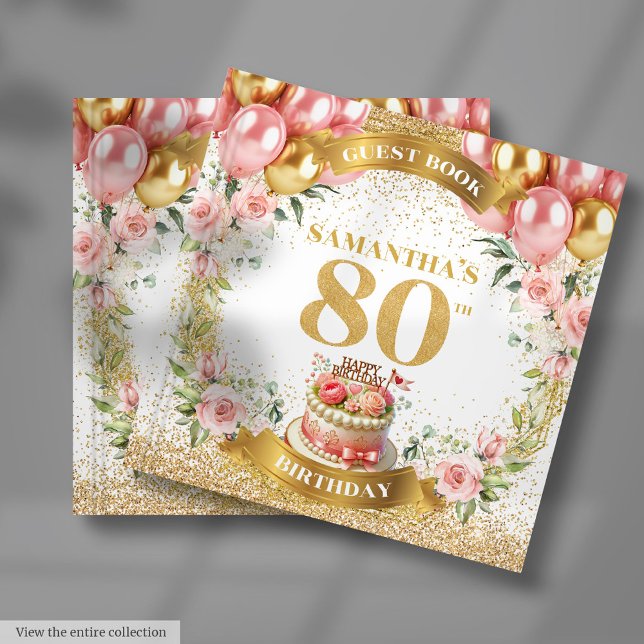 Elegant Rosa Bubons 80:e födelsedagsgästen Bok (Elegant Pink Balloons 80th Birthday Guest Book)