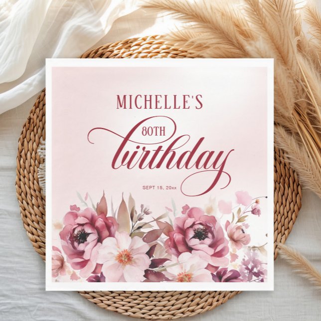Elegant rosa burgunder Blommig 80-årsdag Pappersservett (Burgundy and pink watercolor floral birthday party paper napkin)