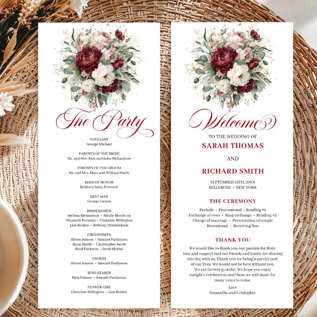 Elegant Rosa Burgunder Blommig Bröllopsprogramkort Program (Elegant Blush Burgundy Floral Wedding Program Card)
